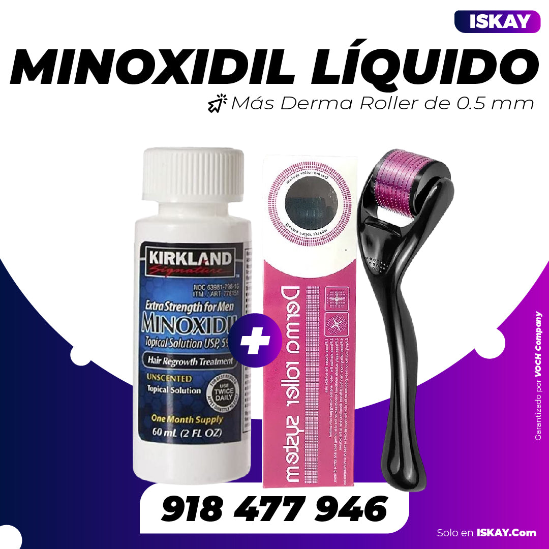 Minoxidil Liquido Kirkland de 5% más Derma Roller SYSTEM de 0.5 mm