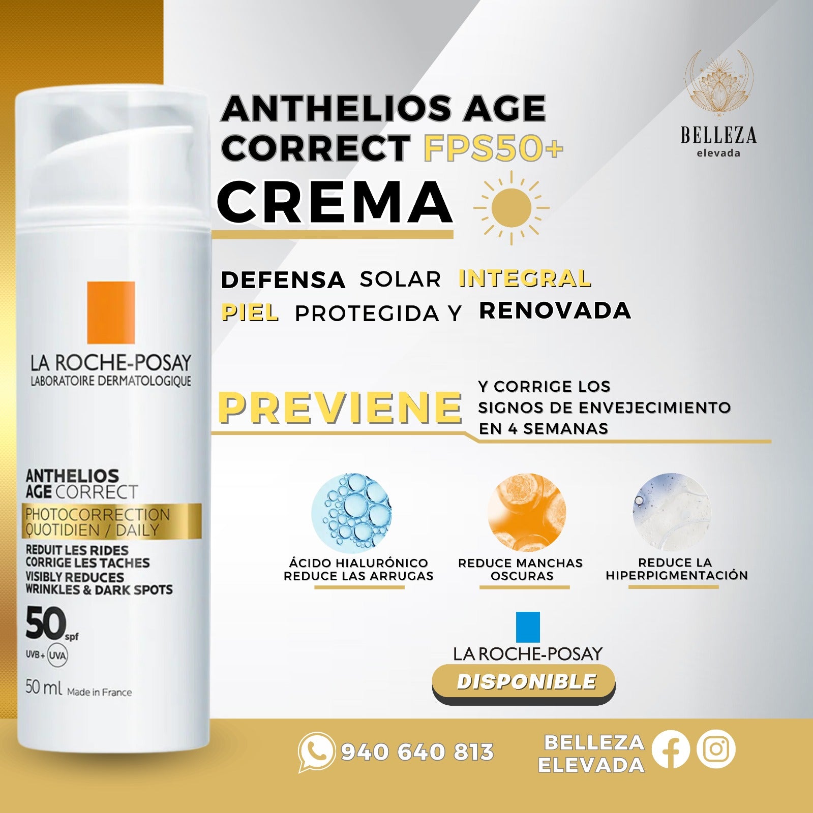 Crema Anthelios AGE Correct FPS 50+ (50 ml) Defensa Solar Integral Piel Protegida y Renovada La Roche-Posay