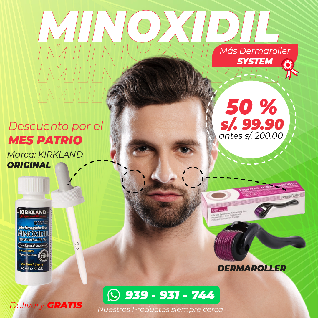 Minoxidil Liquido Kirkland de 5% más Derma Roller SYSTEM de 0.5 mm